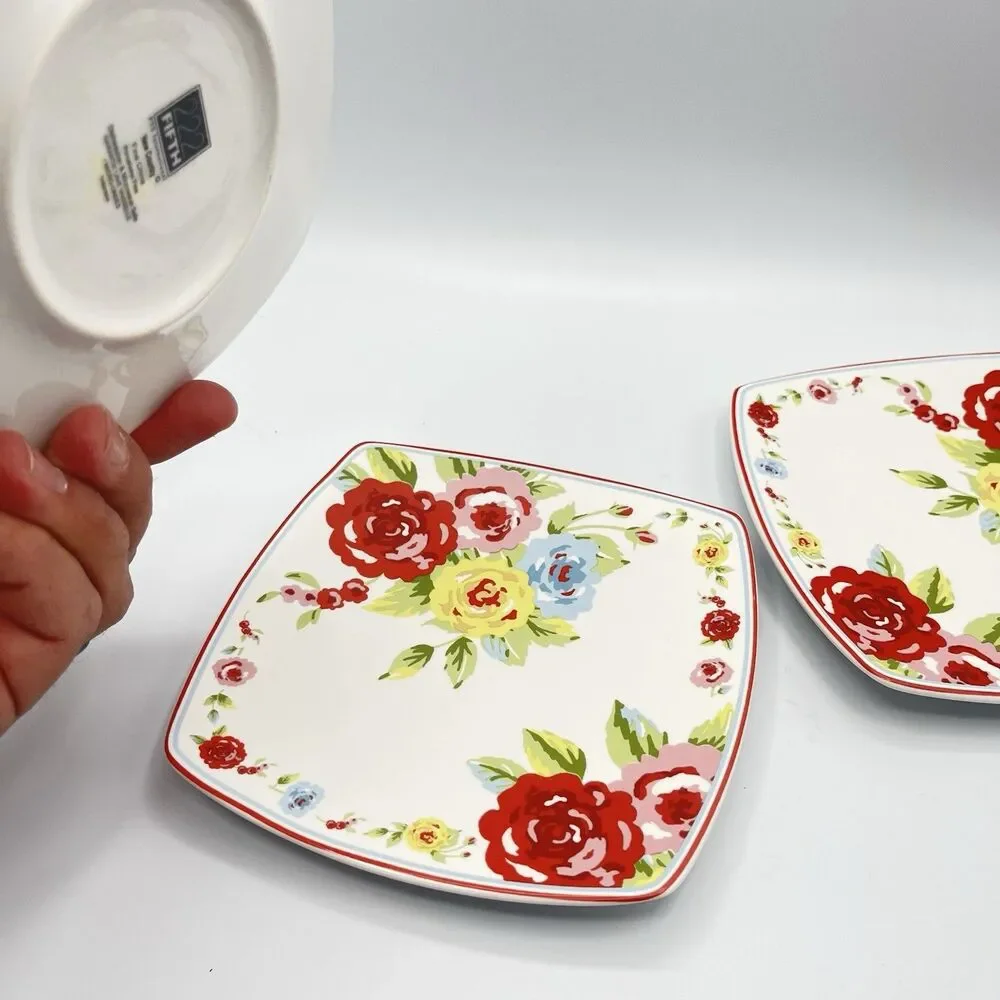 Shabby Chic Roses Small 6” Plates Square Appetizer Set of 3 Country Cottage